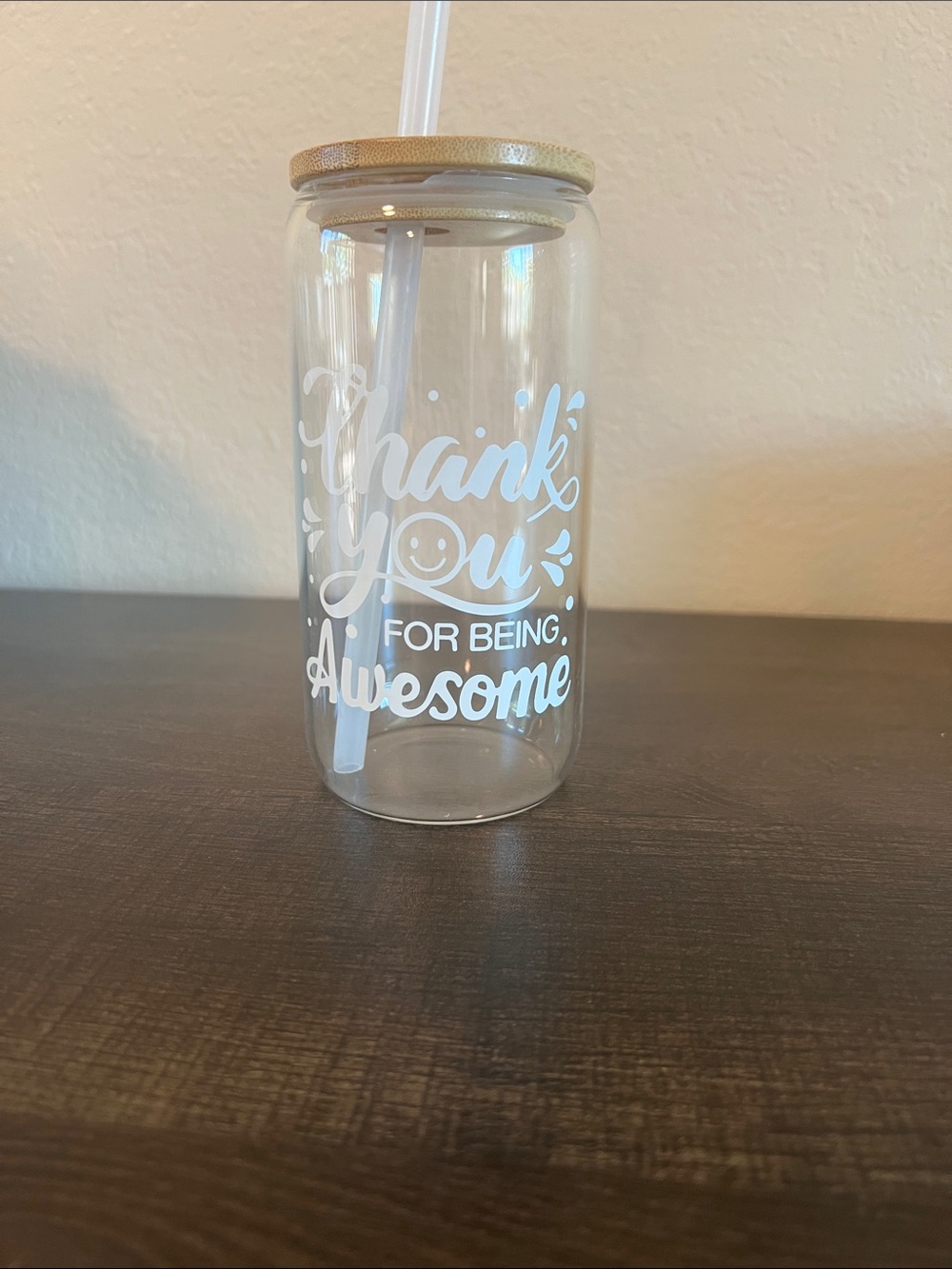 Glass Tumbler with Bamboo Lid ‘Thank you for being awesome’ NWOT